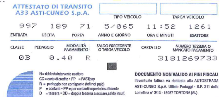 Rapporto di Mancato Pagamento Pedaggio Asti-Cuneo